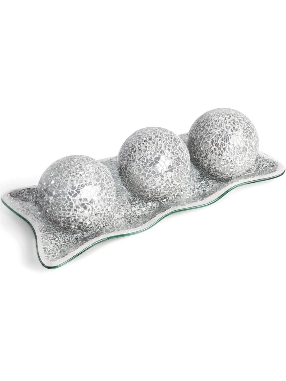 Set of 3 Decorative Glass Orbs with Tray - Stylish Silver Accent Balls for Home